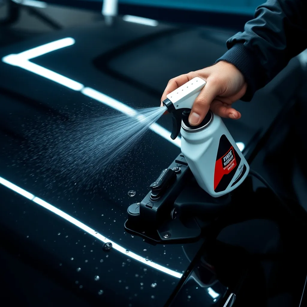 Detailer applying spray sealant to a luxury black car, close