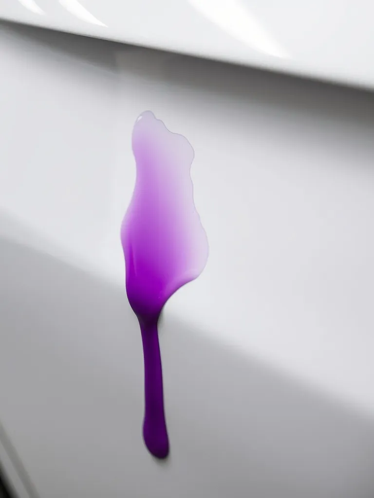 Close up of purple liquid bleeding from a white car door dur