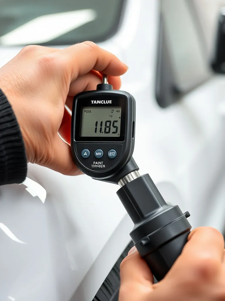 A professional digital paint thickness gauge measuring car p
